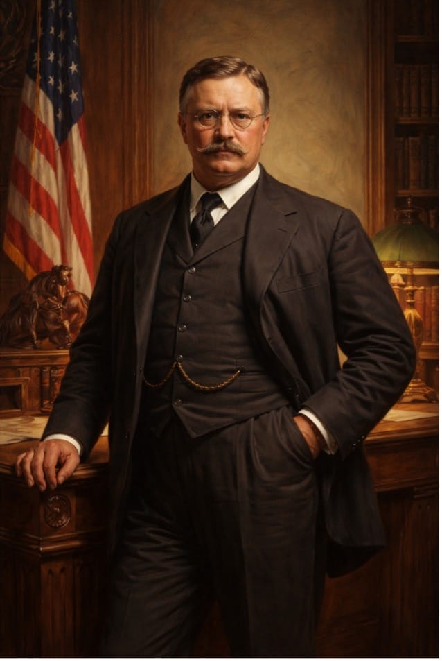 Portrait of Theodore Roosevelt standing in an office with the American flag behind him